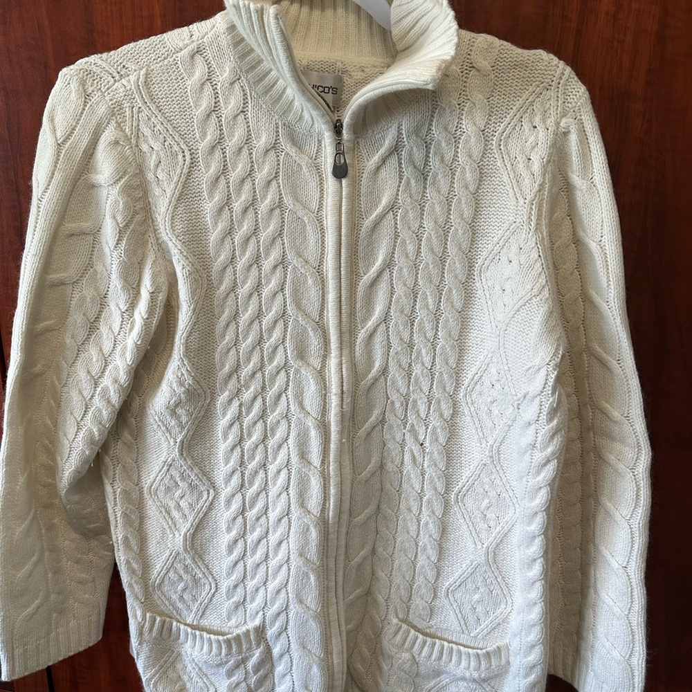 Chico's Vintage Cream Cable Knit Cardigan Zip Sweater